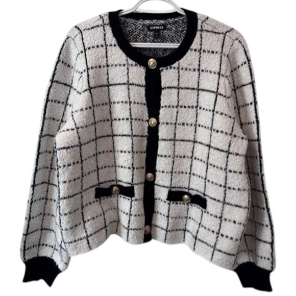 Express black windowpane button-front collarless cardigan size US XL - Picture 1 of 7
